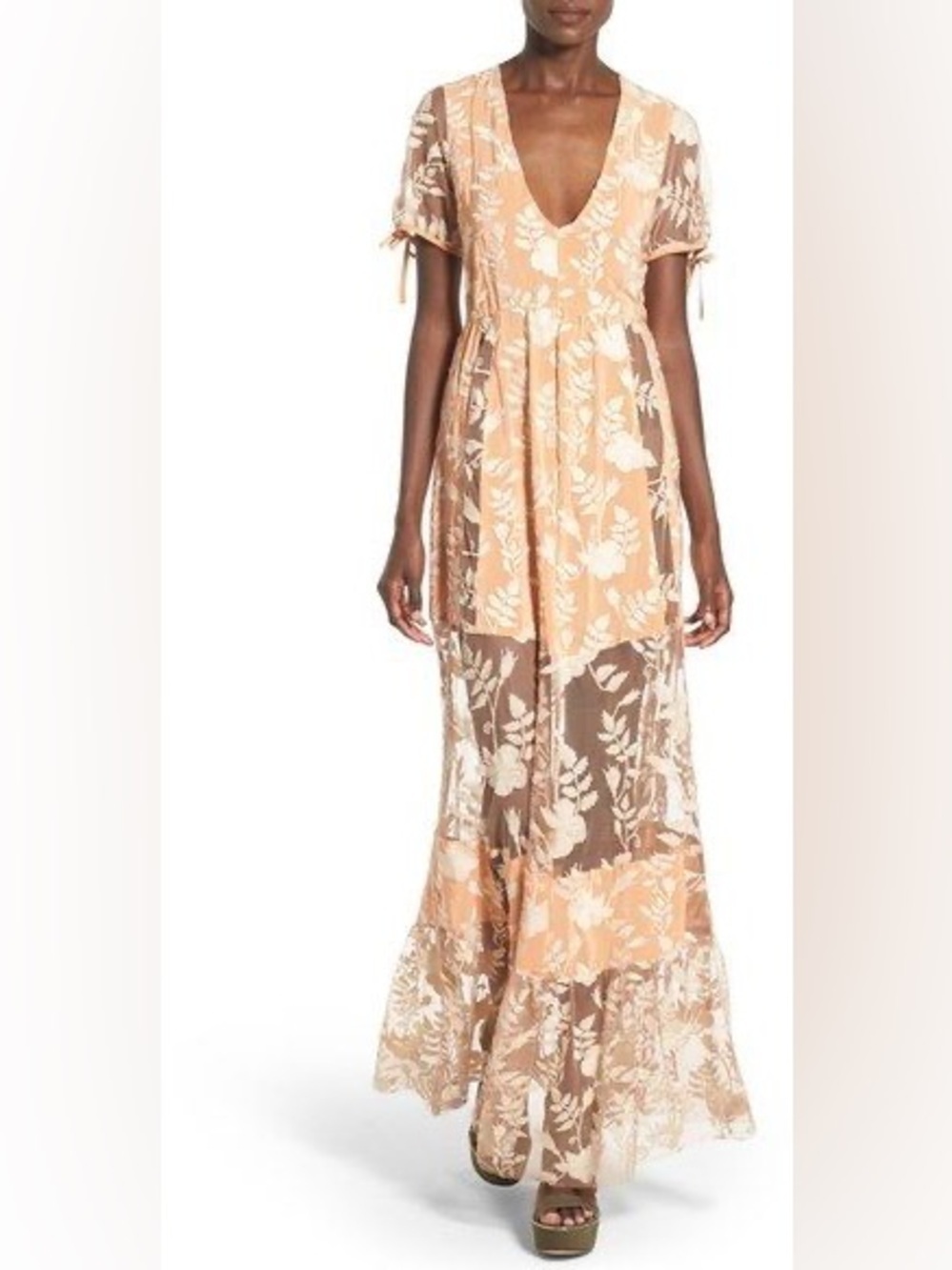 For Love & Lemons Mia Maxi Dress in Peach Floral Sheer Mesh Panels Size Medium - Picture 5 of 12